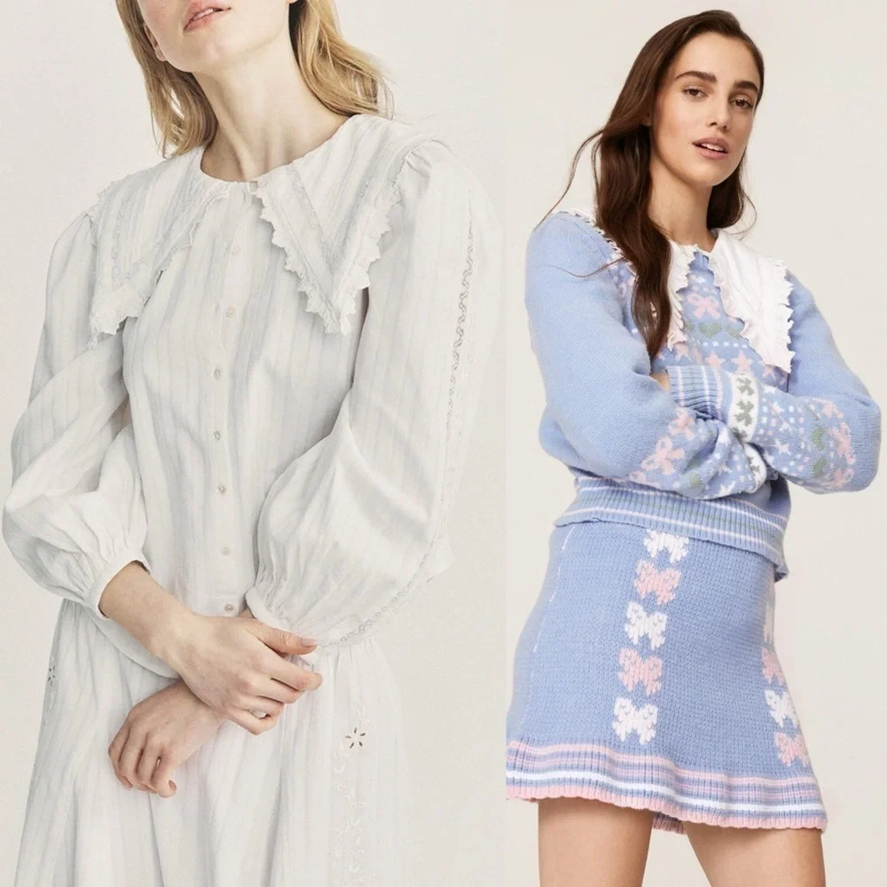 LOVESHACKFANCY Lace Embroidered Oversized Collar Puff Long Sleeve Pintuck Top XS